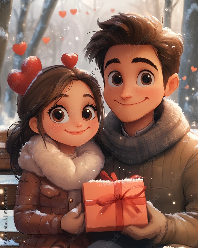 Cartoon couple of teenagers with Valentine's Day gift Cartoon couple of teenagers with Valentine's Day gift