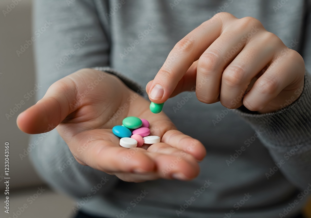 Woman Hand Selecting Pills from Palm for Painkillers, Vitamins, or Antibiotics – Health and Medication Concept