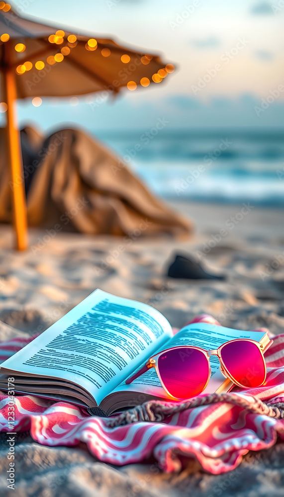 A beach scene with a book, sunglasses, and blanket for a relaxing summer day created with technology, glowing neon, with white tones A beach scene with a book, sunglasses, and blanket for a relaxing summer day created with technology, glowing neon, with white tones