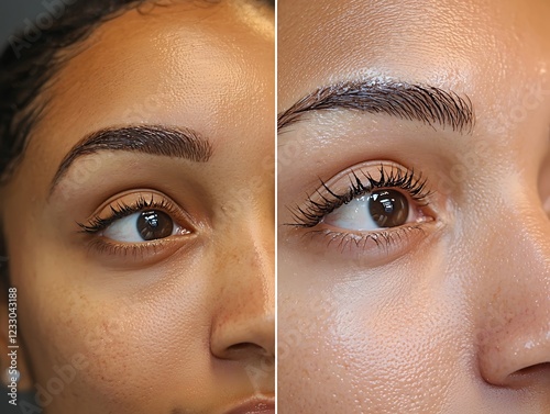 Before and after photos a woman's eyebrows after a professional eyebrow threading session highlighting the transformation