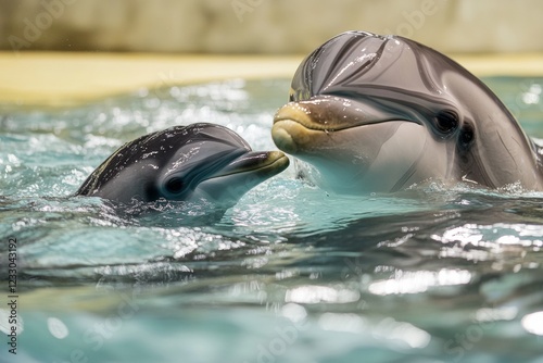 A young dolphin calf playfully swims next to its mother in crystal-clear water. The duo exhibits affectionate behavior, showcasing the bond between them in a serene environment photo