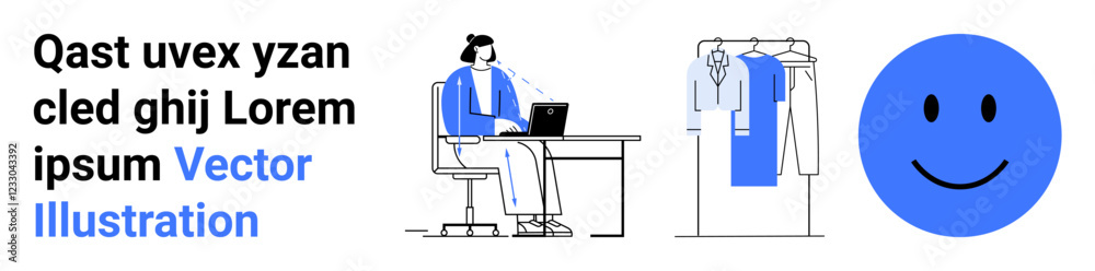 Businesswoman working on a laptop at her desk, a wardrobe with clothes hanging, and a large blue happy face. Ideal for business, remote work, fashion, positivity, content creation, online shopping Businesswoman working on a laptop at her desk, a wardrobe with clothes hanging, and a large blue happy face. Ideal for business, remote work, fashion, positivity, content creation, online shopping
