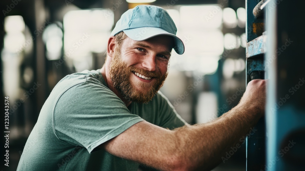 Worker smiling in workshop while operating machinery, showcasing craftsmanship and skill in industrial environment. Focus on teamwork and productivity in manufacturing. Worker smiling in workshop while operating machinery, showcasing craftsmanship and skill in industrial environment. Focus on teamwork and productivity in manufacturing.