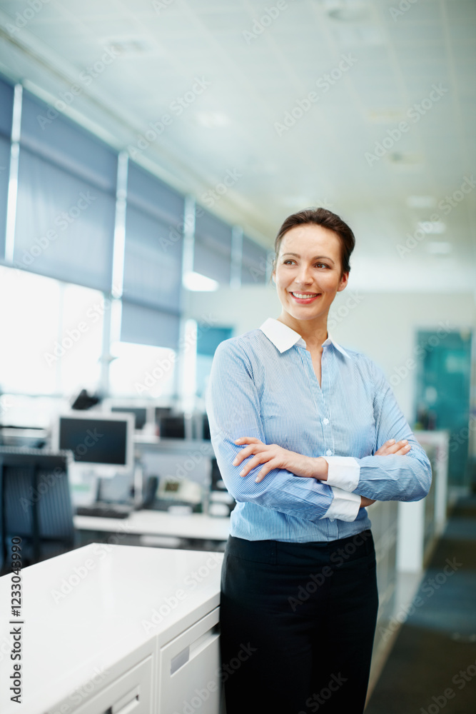 Business, thinking and woman in office, arms crossed and smile with problem solving. Happy person, employee and consultant in workplace, pride and career ambition with ideas, solution and decision Business, thinking and woman in office, arms crossed and smile with problem solving. Happy person, employee and consultant in workplace, pride and career ambition with ideas, solution and decision
