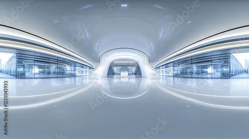 Fototapeta Naklejka Na Ścianę i Meble -  dark futuristic 360 degree panorama view of futuristic round empty product presentation exhibition hall 3d render illustration hdri hdr vr style