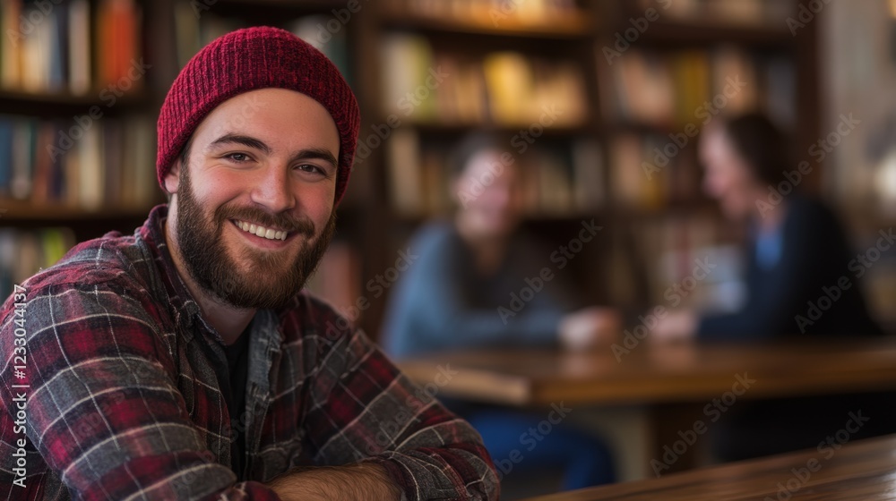 Fototapeta premium Young man with beard and red beanie smiling at the camera in a cozy cafÃ©, surrounded by books, coffee, and friends engaging in conversation and relaxation.