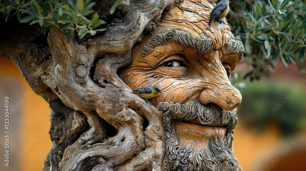 Naklejka premium Ancient Tree Man With Two Small Birds Perched