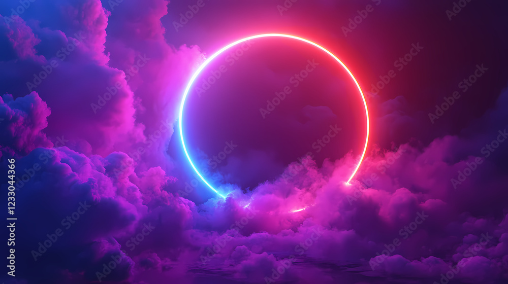 A circular neon light with clouds and space for a product or text. generative ai. Solar Archway. Illustration A circular neon light with clouds and space for a product or text. generative ai. Solar Archway. Illustration