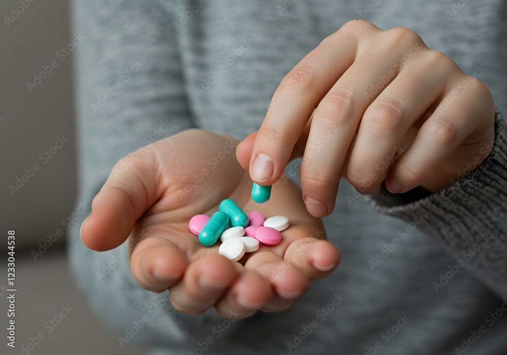 Woman Hand Selecting Pills from Palm for Painkillers, Vitamins, or Antibiotics – Health and Medication Concept Woman Hand Selecting Pills from Palm for Painkillers, Vitamins, or Antibiotics – Health and Medication Concept