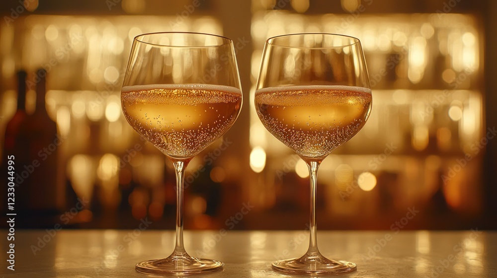 Two champagne glasses bubbly bar counter bokeh background celebration Two champagne glasses bubbly bar counter bokeh background celebration
