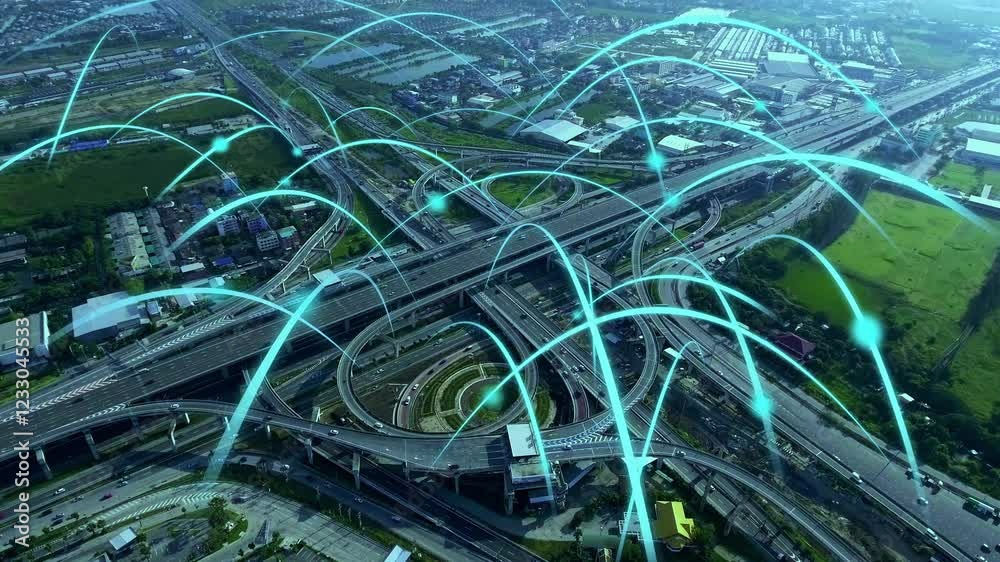 Smart digital city highway with globalization graphic of connection network abstract line . Concept of future 5G smart wireless digital city and social media networking systems .