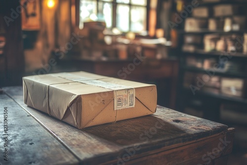 Rustic parcel wrapped in brown paper and twine on a wooden table in a cozy vintage workspace