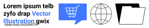 Icons include a blue shopping cart in a speech bubble, a black and white globe, and black and white file folders. Ideal for online business, globalization, communication, file management, web design