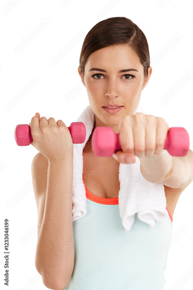 Fitness, woman or portrait with weights in studio for aerobic workout, flexibility training or healthy body. Performance, athlete or confidence with dumbbells for biceps exercise on white background Fitness, woman or portrait with weights in studio for aerobic workout, flexibility training or healthy body. Performance, athlete or confidence with dumbbells for biceps exercise on white background