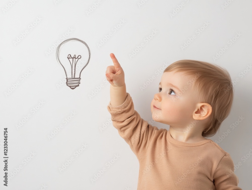curious toddler pointing at a lightbulb drawing on a white wall