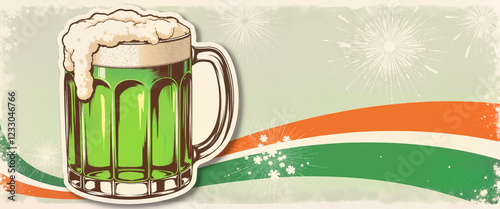 St. Patrick’s Day Green beer mug with foam on festive background