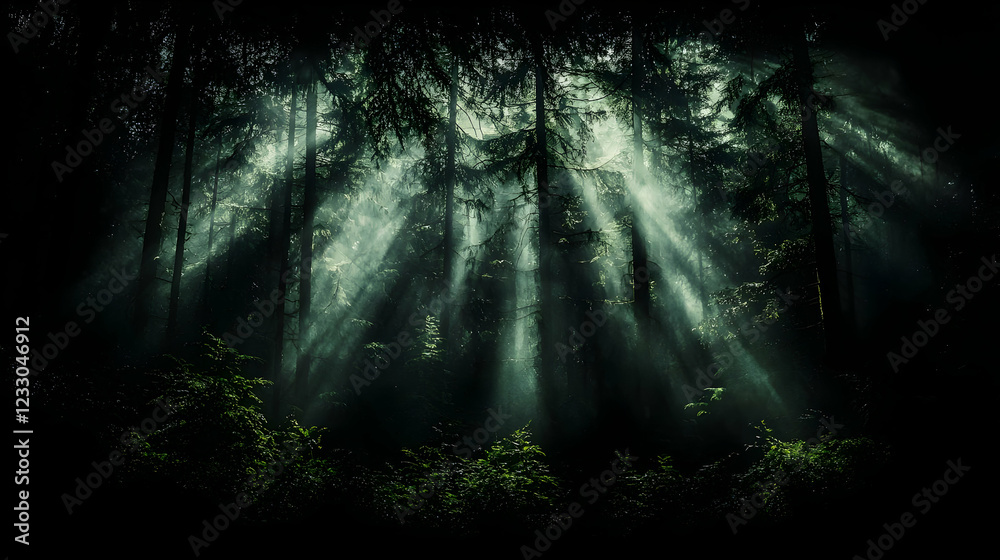 Obraz premium Sunbeams pierce misty forest, creating magical ambiance. Ideal for fantasy, nature, or spiritual themes