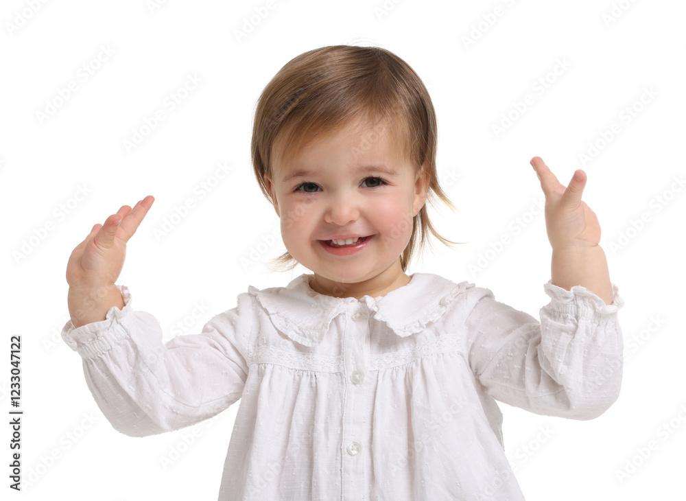 Cute little baby girl playing peekaboo on white background Cute little baby girl playing peekaboo on white background