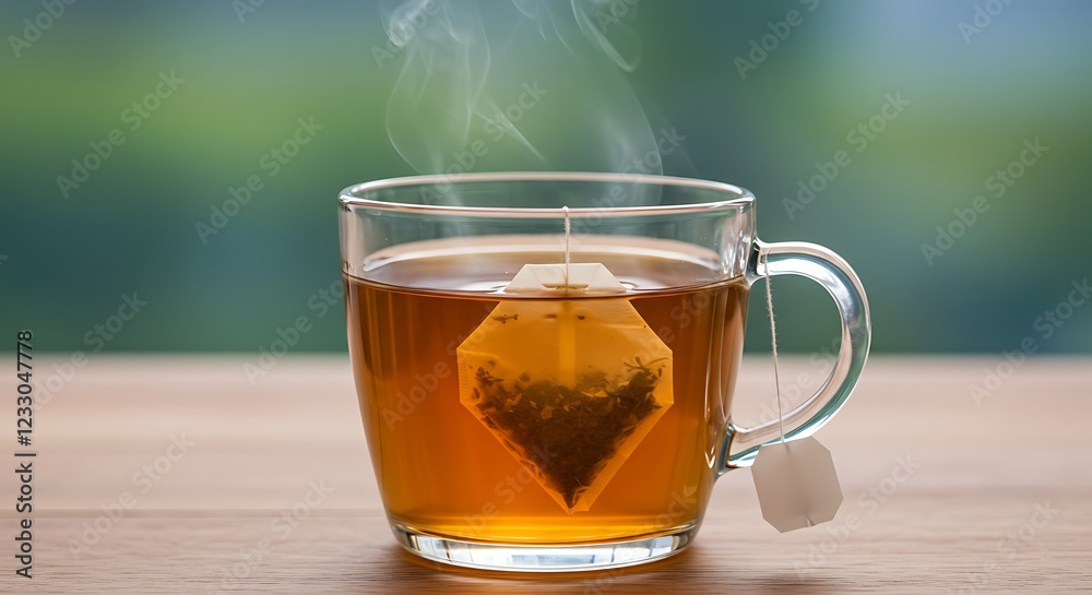Steaming hot tea in a glass teacup. Teabag with tea leaves. Warm drink on wooden table. Steaming hot tea in a glass teacup. Teabag with tea leaves. Warm drink on wooden table.