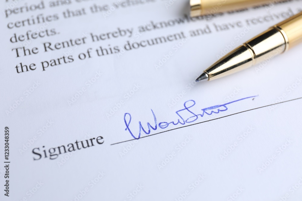 Ballpoint pen and signature on contract, closeup Ballpoint pen and signature on contract, closeup