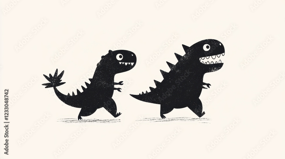 Fototapeta premium Playful Cartoon Dinosaurs in Black and White Design