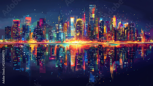 Wallpaper Mural Night cityscape with glittering harbor reflections. Sparkling Harbor. Illustration Torontodigital.ca