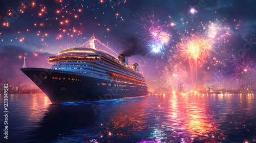 Ocean liner sails fireworks night harbor. Sparkling Harbor. Illustration