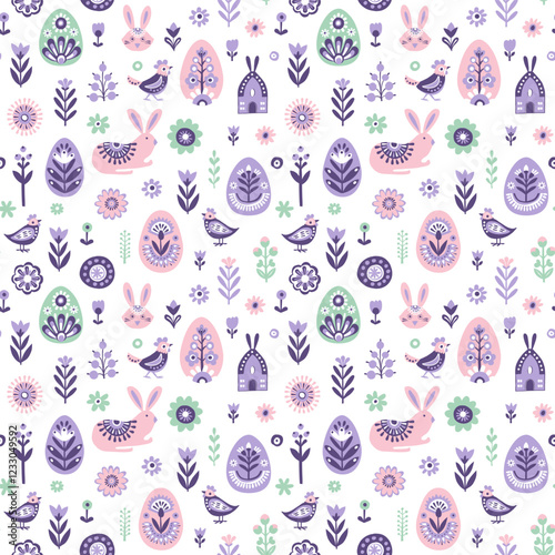 Scandinavian Easter Pattern with Bunnies, Eggs, Flowers, and Birds