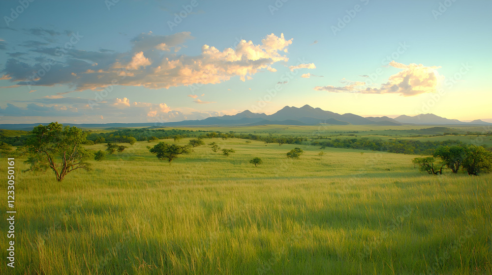 Obraz premium Serene sunset over grassy savanna, mountains background. Use Travel brochure