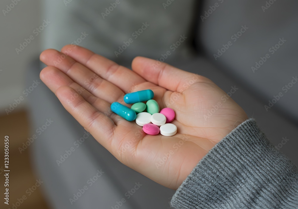 Close-Up of Hand Holding Colorful Pills Against Blurred Living Room Background, Minimal Health Concept