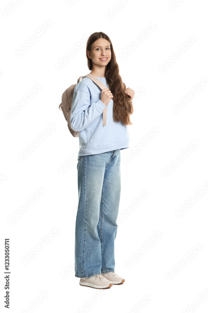 Smiling teenage girl with backpack on white background Smiling teenage girl with backpack on white background