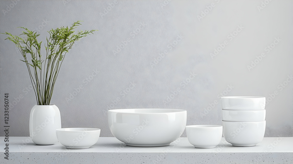 White bowls and vase on shelf, minimalist setting, grey background, kitchenware mockup White bowls and vase on shelf, minimalist setting, grey background, kitchenware mockup