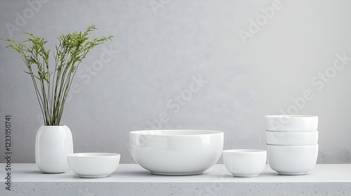 Wallpaper Mural White bowls and vase on shelf, minimalist setting, grey background, kitchenware mockup Torontodigital.ca