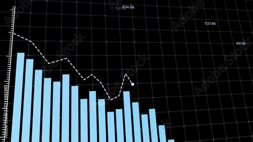 Profit growth analysis, financial diagrams showing increasing revenue bars and decreasing loss trends, blue tones, business data visualization, black background, copy space.