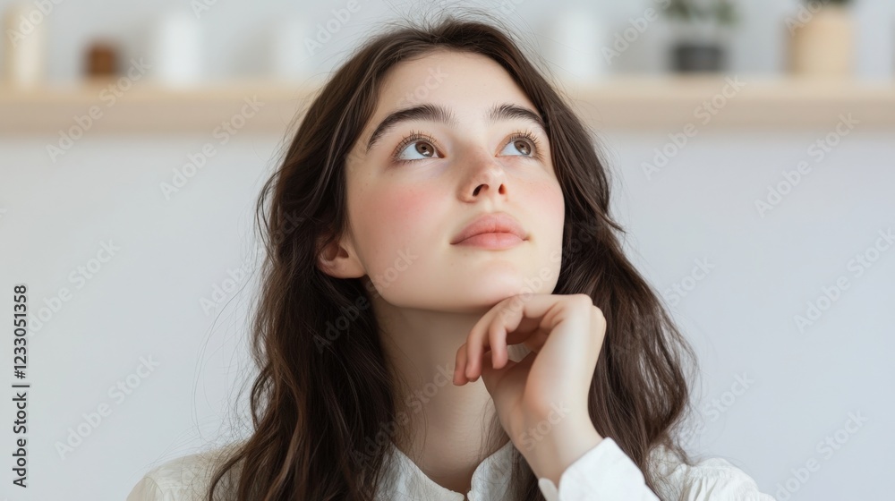 young woman with long brown hair looking thoughtful young woman with long brown hair looking thoughtful