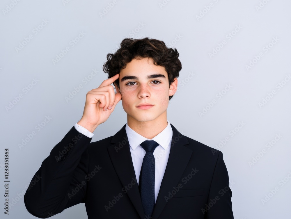 thoughtful young businessman in suit touching temple with finger thoughtful young businessman in suit touching temple with finger