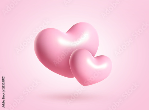Valentines day love symbols background. Vector 3d heart balloons. Pink romantic sign. Wedding decoration elements with shadow