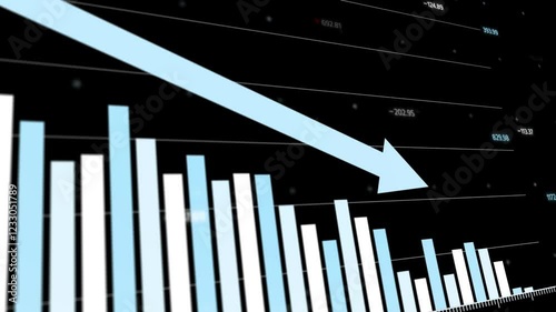 Data visualization showing declining financial trends, multiple graphs with downward arrows indicating decreased profits or increased losses, black background, cool tones, Copy space.