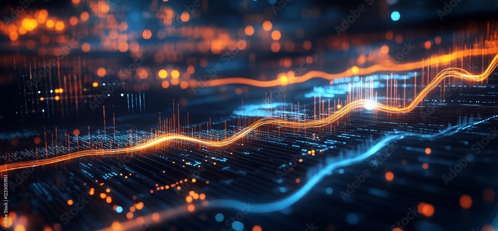 Obraz premium Digital background in dark colors with bright lights. Suitable for neural networks, technological processes, digital archives, artificial intelligence, graphic presentations, science, advertising