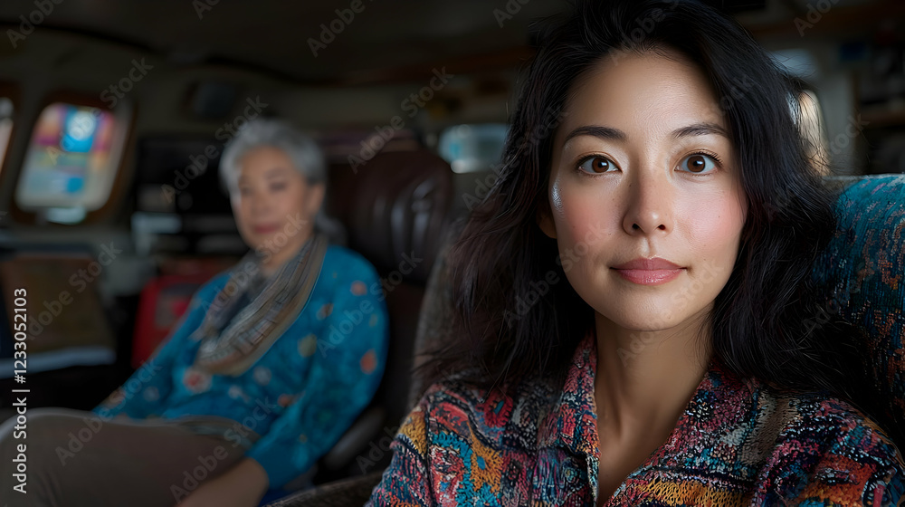Fototapeta premium Woman and mother travel, Nepal, car, Himalayas