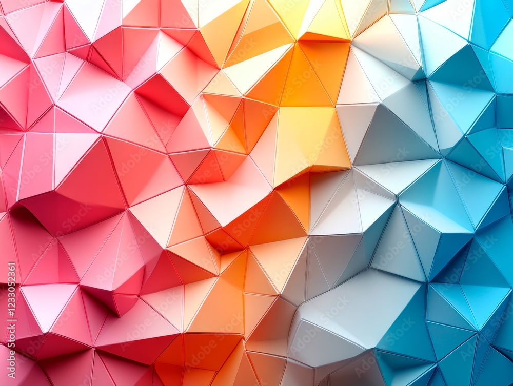 Abstract composition of 3D geometric shapes forming a mosaic with gradient colors Abstract composition of 3D geometric shapes forming a mosaic with gradient colors