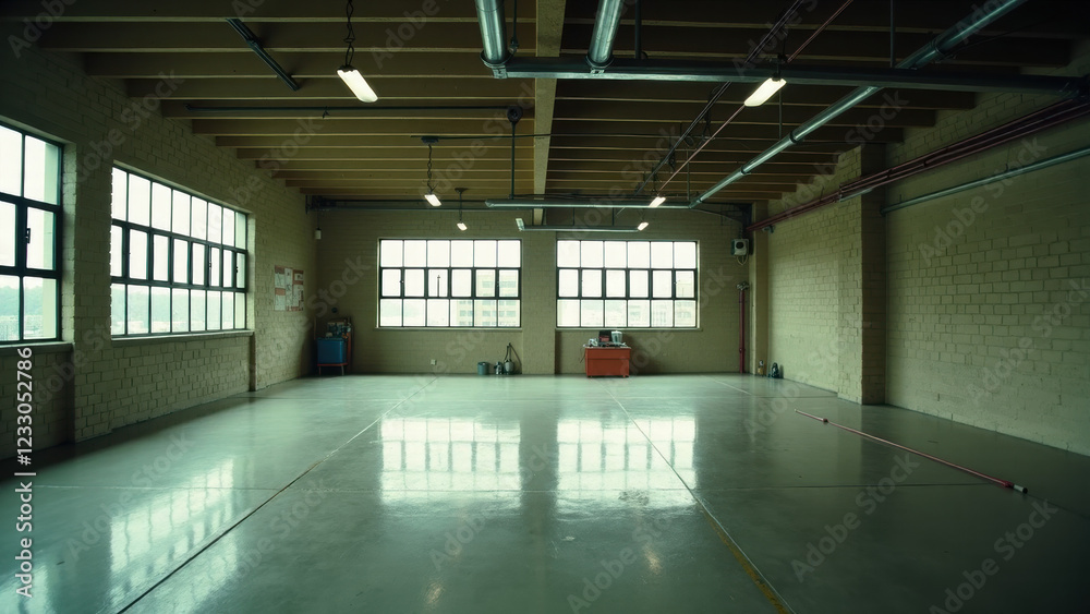 Fototapeta premium Raw Industrial Space with Sunlight Pouring Through Big Windows