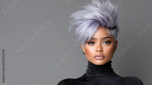 Woman with lavender pixie haircut, studio portrait