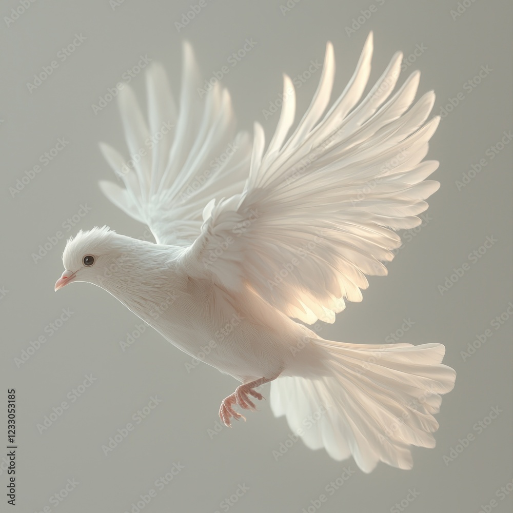 Fototapeta premium White dove soaring with spread wings on light background, symbolic image