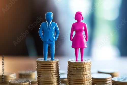 Gender pay gap concept with male and female figures standing on coin stacks representing income inequality, wage disparity, financial imbalance, and workplace discrimination, Generative AI