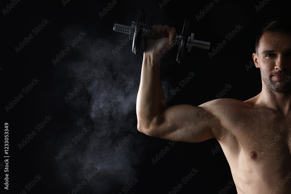 Man with talcum powder on hand training with barbell against black background. Space for text Man with talcum powder on hand training with barbell against black background. Space for text