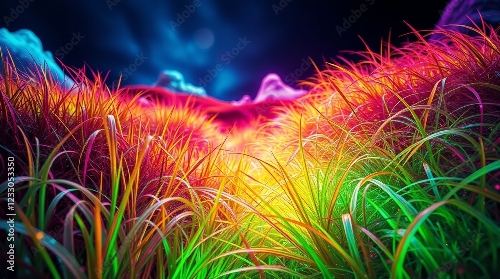 Fototapeta premium Psytrance glowing grass with vibrant phosphorescent colors in a magical landscape