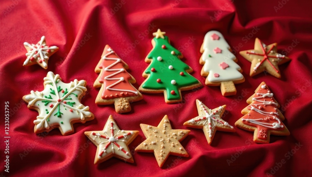 Red cloth, artistically arranged Christmas cookies , background, baking background Red cloth, artistically arranged Christmas cookies , background, baking background