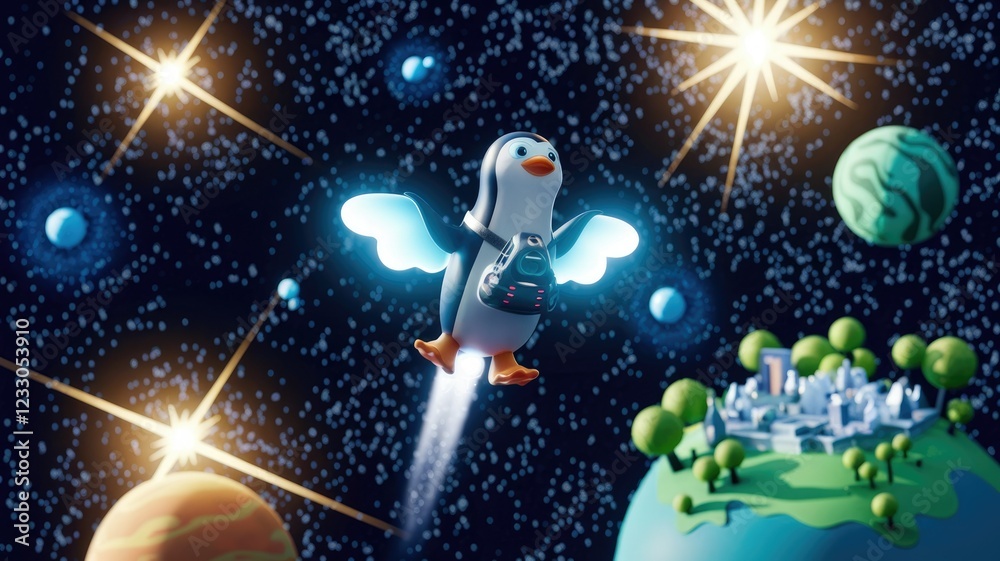 Naklejka premium A cute penguin with glowing wings soars through space, leaving a trail of light, above a miniature planet.