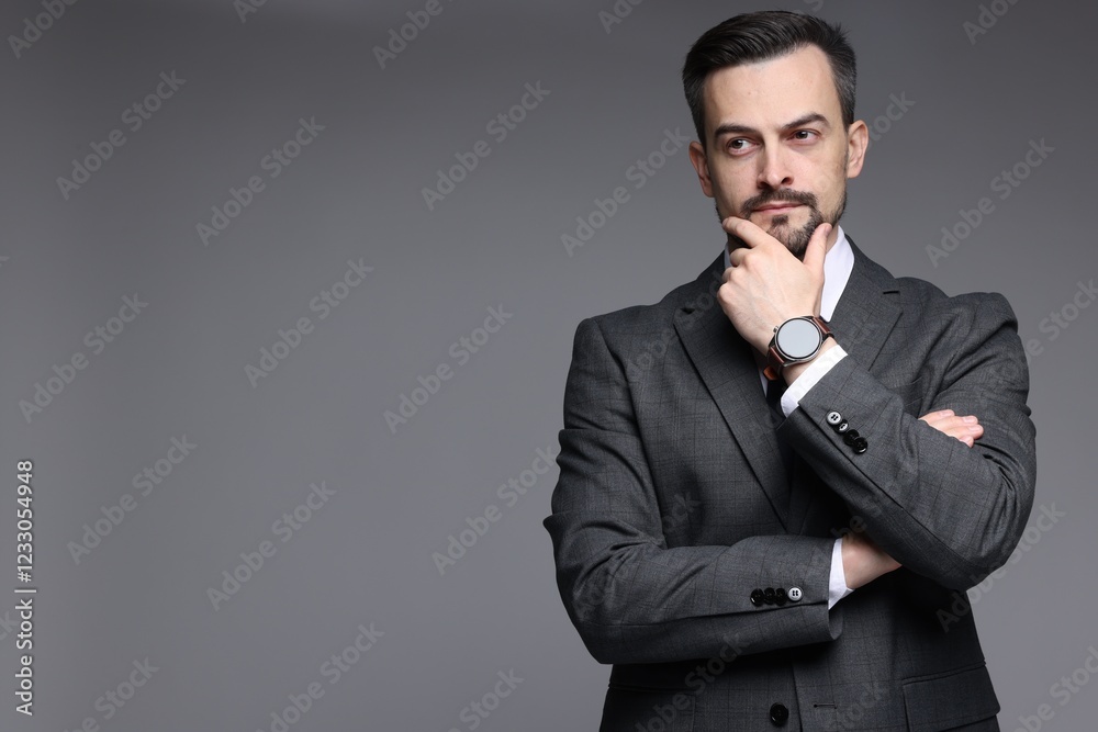 Confident man in classic suit on grey background. Space for text Confident man in classic suit on grey background. Space for text